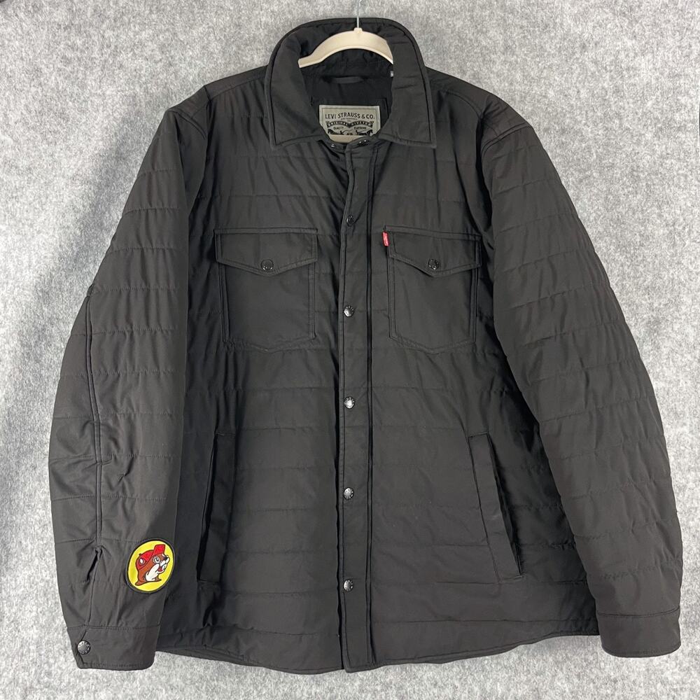 Levis Quilted Jacket Shacket Mens XL Black Full Zip Puffer Buc-ees Patch